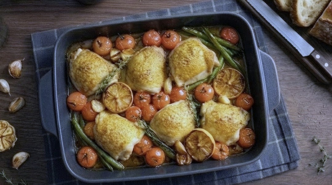 Roast Garlic Chicken Tray Bake with Tomatoes & Green Beans