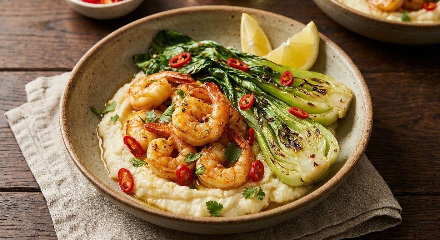 Garlic Prawns with Cauliflower Mash and Chilli Pak Choy