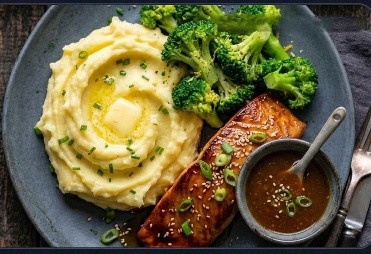 Sticky Salmon with Greens and Mash