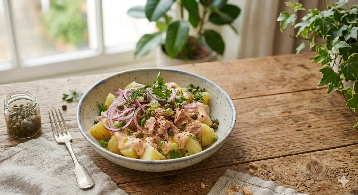 Tuna, Potato & Sriracha Yoghurt Bowl with Red Onion & Capers